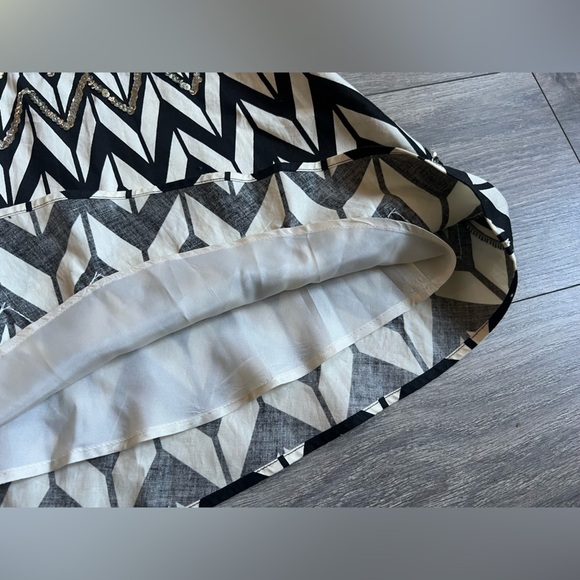 BcbgMaxAzria Black & Cream Chevron Tie Waist Cotton Sequin Midi A-line Skirt M - Picture 6 of 11